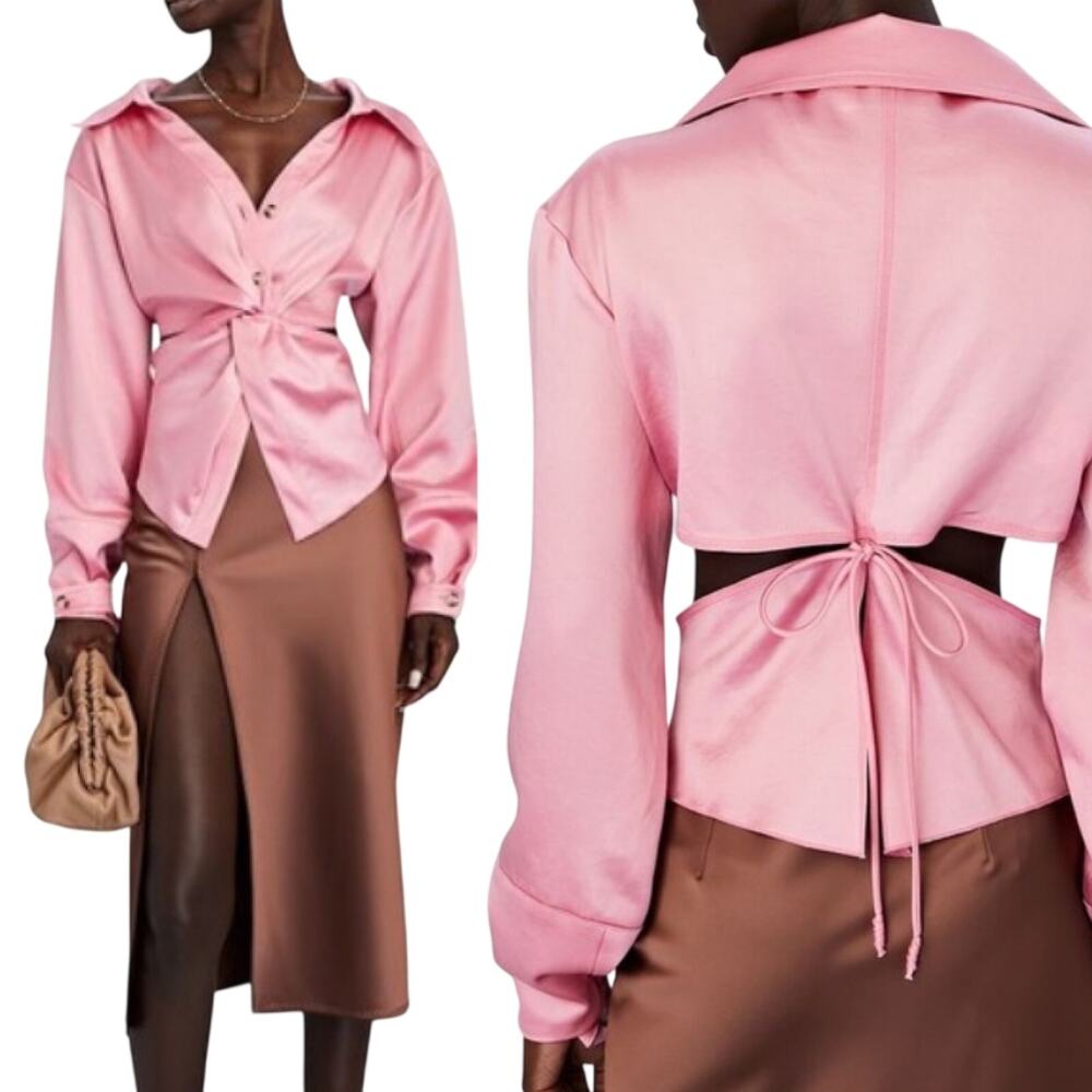 Nanushka Rasha Satin Blouse Top Twist Front Cut Out Button Down Pink Medium